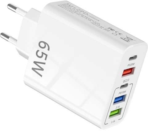 Caricatore USBC 65W con 5 Porte, Caricabatterie Rapido con QC 3.0, Adattatore di Ricarica Multiplo USB per iPhone 15/14/13/12/11, Samsung Galaxy S22, Huawei P40, Spina USB Compatta per Viaggio e Casa