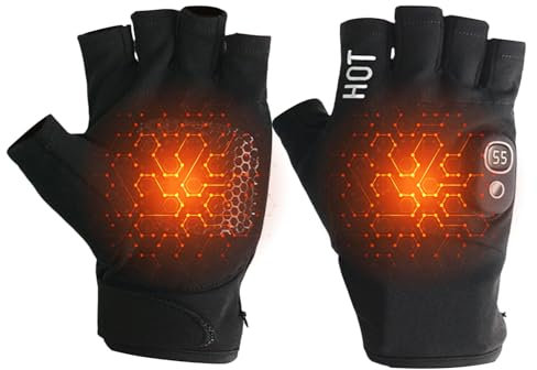 Wodustee Rechargeable Heated Fingerless Gloves, Thermal Gloves, Heated Work Gloves for Adults, Wireless Electric Heated Gloves, 3 Temperature Settings for Cycling/Skiing, Black