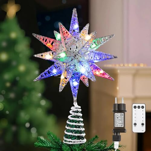 Lewondr Étoile de Cime d'Arbre de Noël, 11 Pouces Branchée et Télécommande Étoile de Cime Géométrique 3D Lumineuse pour Décoration de Noël, Fonction Minuterie et Câble 5m, Lumière Coloré, Argent Blanc