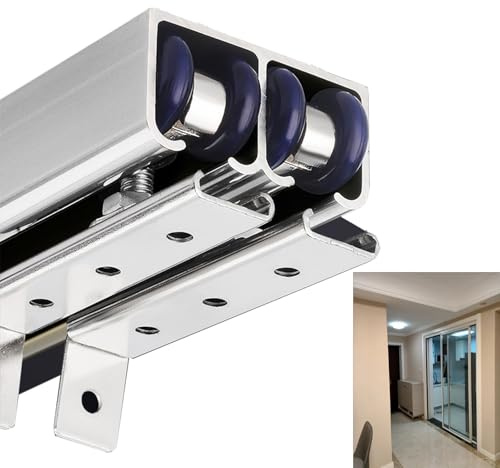 UrbanUp Schiebetür Komplettset Doppelte Schranktürführung, Gleitschiene, Obermontage, Beschläge, Schranktür-Bypass-Schiene und Radsatz, Schiebetür-Schienensatz, Robust(Silver,60in/152cm)