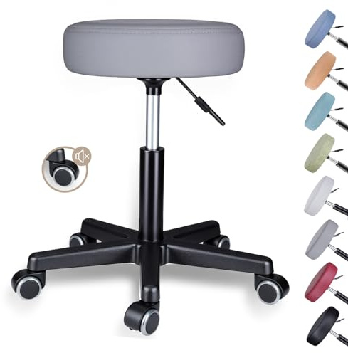 Zedelmaier Rollhocker höhenverstellbar, Bürohocker mit Gummirollen, 360° drehbar Hocker mit Rollen & 10 cm Polsterung, Sitzhocker Werkstatt, Drehhocker ergonomisch, Sitzhöhe 44–58 cm, Grau