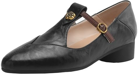 XIEPP T-Strap spetsiga avsmalnande pumps med blockklack höga klackar för shopping, bekväm design, svart, 34 EU