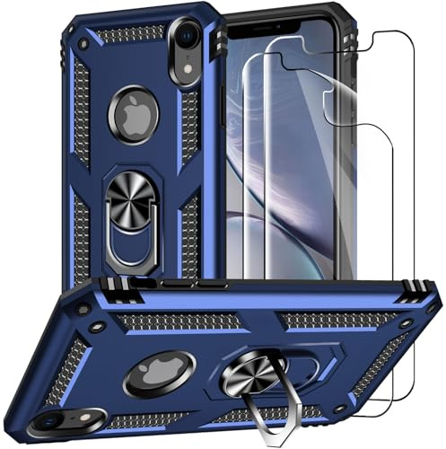 Jihucase for iPhone XR Phone Cases with Screen Protector:[Military Grade Drop Tested] Ring Holder Kickstand Shockproof Anti-Slip Protective Phone Case for iPhone XR 6.1- Blue