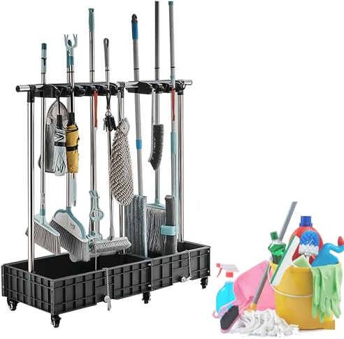 XCHSXYL Drain Rack Broom Mop Holder Mobile Mop and Broom Holder Cleaning Supplies for Housekeeping Mop Bucket Cleaning Carts on Wheels Garden Tool Organizer Mop Umbrella Stand (O