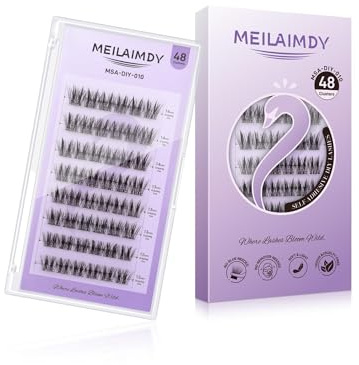 MEILAIMDY Pestañas Autoadhesivas, Pestañas Artificiales DIY Clusters 48 Piezas 0,07mm Curva C – No Necesita Pegamento/Removedor, Naturales Suaves Fibra PBT, Maquillaje Quotidiano (MSA-DIY-010)