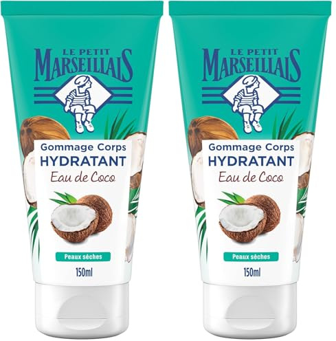 Le Petit Marseillais – Gommage Corps Hydratant Eau de Coco (tube de 150 ml) – Exfoliant corps pour peaux sèches – Soin corps pour éliminer les impuretés (Lot de 2)