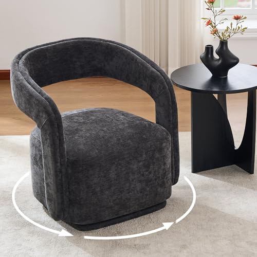 DEKKETO Chenille Oversize Drehsessel mit geschwungener Rückenlehne, Grau | 360° drehbar, 56 cm große Sitzfläche, 10 cm dickes Kissen, einfache Montage, 65,5x70x74 cm, für Wohnzimmer und Schlafzimmer