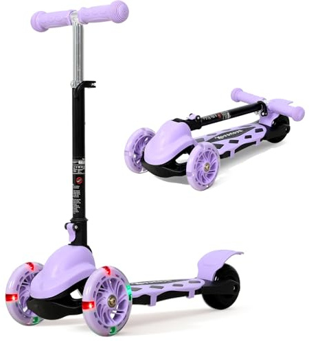 Novonova Roller Kinder für 2–5 Jahre, Kinderroller mit 3 Verstellbaren Höhen, LED-Leuchträdern und Hinterradbrems Kinderroller, Leicht zu Lenken, Balance-Trainings-Roller für Kinder