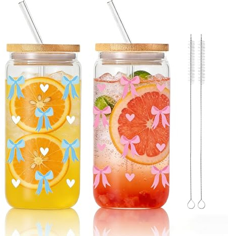 ALKNOT Pack of 2 Borosilikatglas Trinkgläser mit Deckel und Strohhalm 500ml, Glasbecher für Tee,Getränke,Saft,Iced Coffee, Latte,Smoothie & Cocktail – 11 jahre Teenager mädchen geschenke