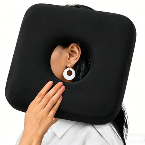 Ear Piercing Pillow with Removable Pillowcase –Smooth Perforated Ear Pillows Detachable Core Stays Intact, 24x24x8cm Donut Pillow with Ear Hole for CNH Side Sleepers with Headphones (Black)