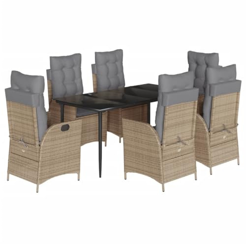 pokgdf Wetterfeste PE-Rattan Gartenmöbel Set 7-TLG. mit Outdoor-Esstisch aus Hartglasplatte und Gartensessel mit Verstellbarer Rückenlehne für Terrasse Garten, Gartenmöbelgruppe