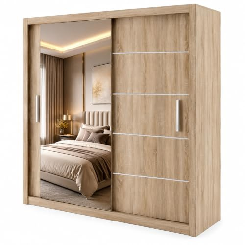 Modern Linden Sliding Door Wardrobe – freestanding bedroom armoire with heavy-duty hanging rails & adjustable shelves. Space-saving clothes organizer. Available in 5 Sizes & 4 colors (Oak, 203cm)