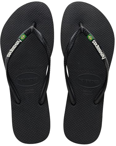 Havaianas - Slim Brasil Logo, Infradito Comode, Resistenti e Leggere, Omaggio al Brasile, Bandiera su Cinghie e Suola, Donna, Nero, 33/34 EU