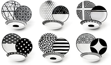 Excelsa 62496 Service d'assiettes, Porcelaine, Blanc/Noir, 18 pièces