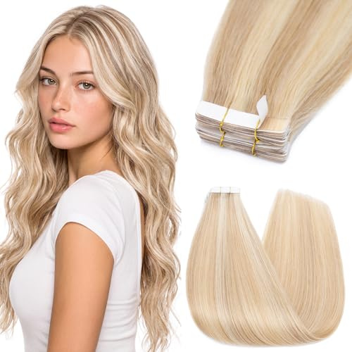 Silk-co Tape Extensions Echthaar 10stk, Remy Tape in Extensions Haarverlängerung, Skin Weft Echthaar Haarextensions Tape Kleber 20g, 35cm Graublond mix Bleichblond