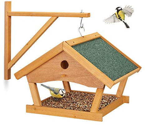 Relaxdays Vogelfutterhaus Holz, zum Aufhängen, HBT: 35x42,5x40,5 cm, Garten, Vogelfutterspender für Kleinvögel, Natur