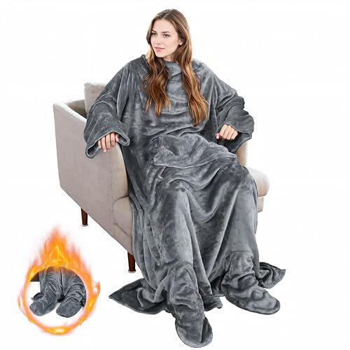 Tragbare Fleecedecke mit Ärmeln und Fußtasche für Erwachsene, Damen, Herren, super weich, gemütlich, Microplüsch-TV-Decke, Überwurf für Lounge, Couch, Lesen, Fernsehen