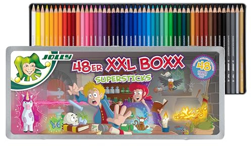JOLLY, 48er XXL-Boxx Magic, Metalletui mit Wackelbild, 48 Farbstifte aus Lindenholz, bruchsicher und ungiftig, satte und leuchtende Farben, inkl. Lineal