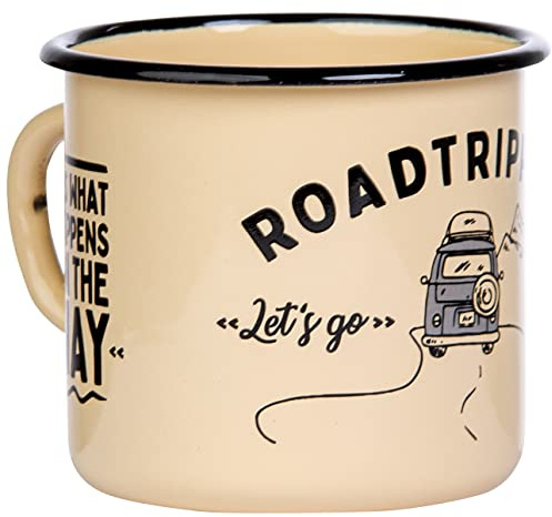 MUGSY Taza esmaltada, viaje por carretera con diseño de autobús y frase, 300 ml, irrompible y ligera
