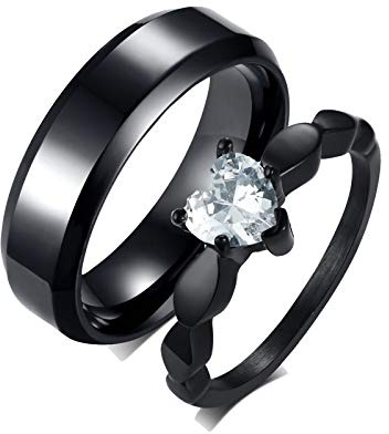 Gualiy Edelstahlringe Partnerring, Hochzeit Ring Herren Damen 6MM Schwarzer Ring, Ring mit Zirkonia Herz Paar Ringe