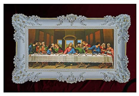 MADE IN ITALY Barock Gemälde Bild mit Rahmen Repro Antik Look Jesus 12 APOSTEL Ultima Cena 96x57cm (Weiss/Gold)