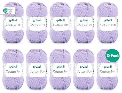 Gründl Cotton Fun - Ovillo de lana para tejer (100% algodón, certificado OEKO-TEX, 50 g/115 m, grosor de la aguja: 3-4, 10 ovillos de 50 g), color morado