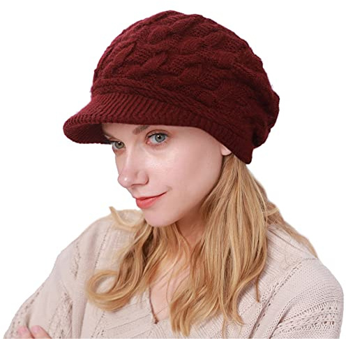 CheChury Damen Wollmütze Winter Mütze Warme Strickmütze Frauen Wintermütze Kaschmir Mütze mit Shirm Damen Schirmmütze Grobstrick Baskenmütze Winter Strickmütze mit Schirm Damen Barett Fleece