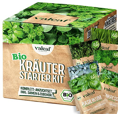 valeaf BIO Kräuter Starter Set I Kräuter Anzuchtset m. Bio Kräuter Samen I Kräuter Pflanzset I Küchenkräuter selber züchten I Mini Pflanzset Kräuter Saatgut I Kräutersamen Kit Garten Geschenk