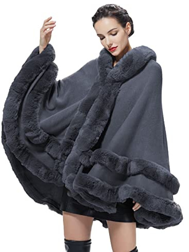 BEAUTELICATE Poncho Mantella Lavorato a Maglia con Cappuccio in Pelliccia Sintetica Scialle Stola Cappotto Cardigan Donna per Matrimonio Invernale Festa (Grigio Scuro, Taglia Unica)