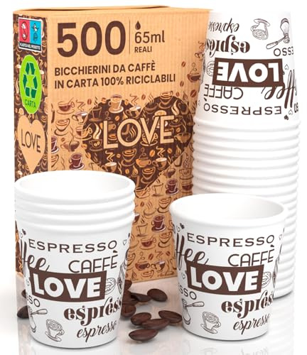 Baciato Caffè 500 Petits Gobelets en Papier 65ml Mini Gobelets Jetables Biodégradables Écologiques Design LoveWhiteCUP - Tasses en Carton Résistant à la Chaleur pour Café Italien
