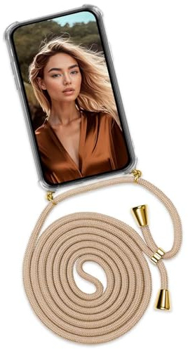 ONEFLOW Handykette für iPhone 14 Pro Hülle mit Band, Handyhülle mit Kette abnehmbar, Handyband zum Umhängen, Handy Umhängeband Lange Handykordel, Twist Case – Gold Beige