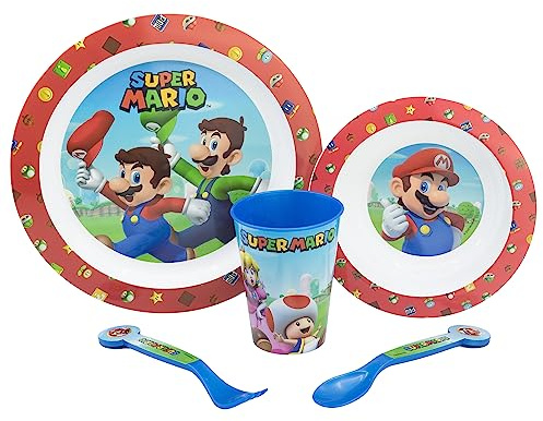SET MICRO 5 PCS (PLATO, CUENCO, VASO Y CUBIERTOS) EN CAJA SUPER MARIO