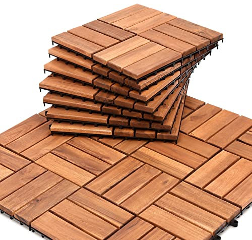 Izrielar Piastrelle in legno, 11, 30 x 30 cm, 1 m² per piastrelle per pavimento, in legno di acacia, per esterni e interni, balcone con sistema di drenaggio e sistema a clic, marrone
