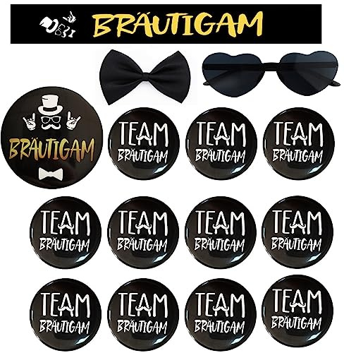 15 Stück JGA Deko Männer Bräutigam Button Schärpe mit 11 Team Bräutigam Buttons Anstecker Hochzeit Junggesellenabschied Accessoires Abzeichen Mitgebsel Partyzubehör Schwarz Gold (A)