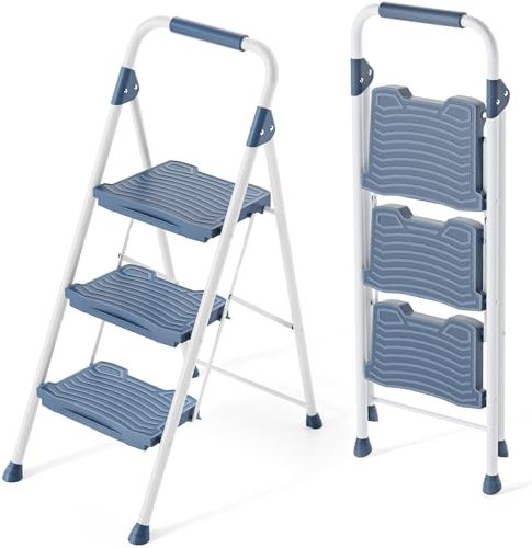 KINGRACK 3 Step Ladder, 900lbs Sturdy Step Stool with Handrail, Non-Skid Wide Pedals, Foldable 3 Stepladder with Safety Locking for Home, Garage, Garden, Office, Blue
