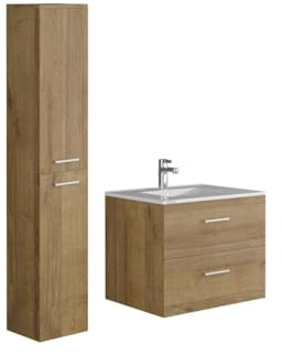 Vente-unique - Meuble de Salle de Bain Suspendu Simple Vasque avec Colonne de Rangement - Coloris Naturel Clair - 60 cm - Kayla