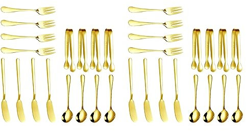Censous Juego de Cuchillos para Untar Mantequilla de Queso, 32 Piezas, Accesorios de Charcutería, Cuchillos de Mantequilla de Acero Inoxidable, Pinzas para Servir (Dorado)