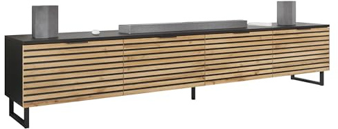 Mirjan24 TV Schrank Tranai 200, Fernsehschrank, B:200 x H:40 x T:33 cm, TV Lowboard mit gefräster Front, Fernsehtisch, TV Tisch, Unterschrank, TV Board, Schrank (Schwarz Graphit/Eiche Wotan)
