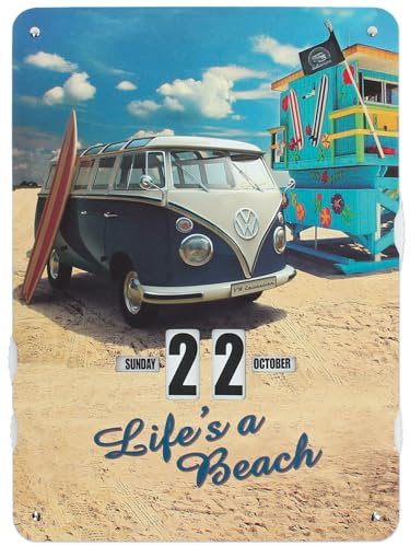 BRISA VW Collection - T1 Bulli Bus Einstellbarer Endloskalender | Volkswagen Kalender Datum Verstellbar Wand Deko zum Aufhängen Büro Zuhause Garage, 4c Spezialpappe, Beachlife/Bunt