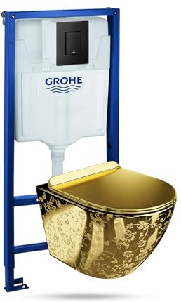 LAVITA Élément mural Solido + WC suspendu mural Sofi Slim Golden Eye doré sans bord + abattant WC SoftClose bouton noir - Kit complet encastré pour chasse d'eau