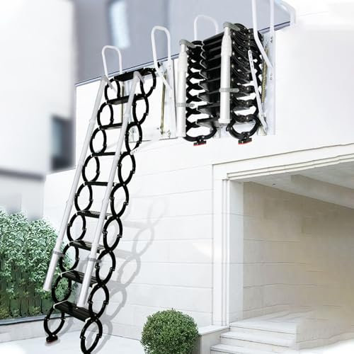 Wall-Mounted Folding Stairs, Folding Loft Staircase with Handrails,Telescoping Attic Ladder with Pull Down System, 12 Steps Attic Stairs, Home Indoor Outdoor Attic (Black, 9.6-10ft)