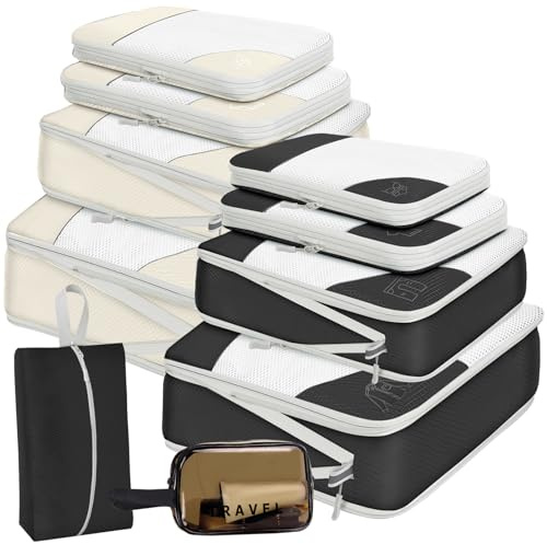 Organizer Valigia Set di 10, Organizzatori da Viaggio a Compressione, Organizer Valigie Viaggio Set, Packing Cube Set per Vestiti, Scarpe, Biancheria Intima