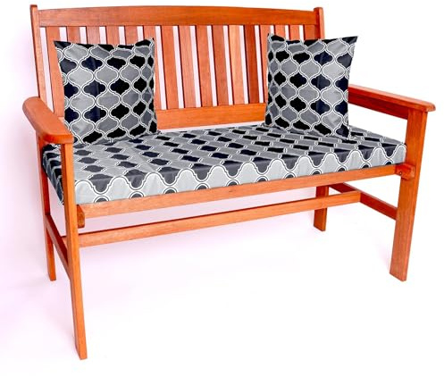 Outdoor Bench Cushion Seat Pad with 2 Throw Pillows Set Morocco Print 2/3/4 Seater Patio Lawn Garden Bench Cushion Water-Resistant Bench Pad Removable Cover [Black/Grey, 3 Seater]