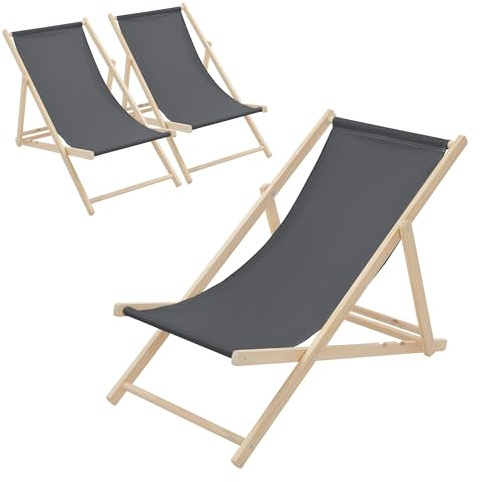 ECD Germany 3er Set Liegestuhl klappbar, Anthrazit, aus Holz, Sonnenliege mit 3-Fach Verstellbarer Rückenlehne, Strandliege bis 120 kg, Gartenliege, Strandstuhl, Relaxliege für Garten Balkon Terrasse