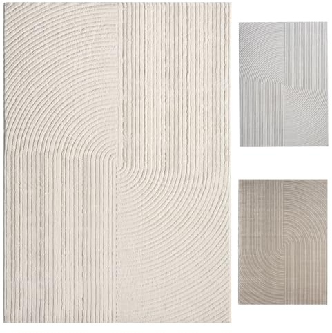 VIMODA Moderner Kurzflor-Teppich Boho Wohnzimmer Schlafzimmer dünn mit 3D Hoch-Tief Effekt Pflegeleicht,Farbe:Creme;Maße:120x170 cm