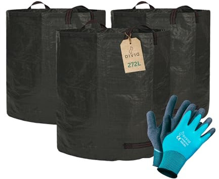 DIVID® Gartensäcke mit Trageschlaufen Schwarz |Gartensack 3x 272L Set Laubsack Gartenabfallsack - Selbststehend 4 Griffe Stabil Robust & Faltbar - Rasenschnitt für Gartenabfälle Grünschnitt Laubabfall