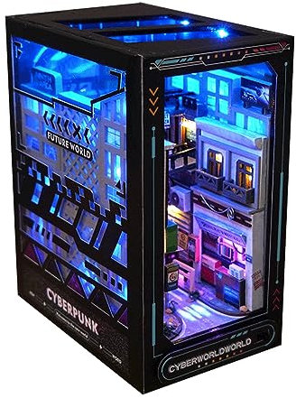 belupai DIY Book Nook Kit, 3D Wooden Puzzle Bookends, Insert Bookend Miniature Book Corner Kits with LED Lights, for Home Bookshelf Decor Gifts(Future World)
