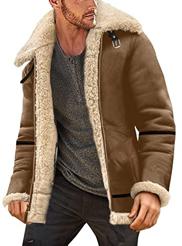 Cappotto da uomo a lunghezza intera in pelle oleosa spolverino a maniche lunghe giacca in pelle imbottita vintage cappotto spesso giacca di pelle di pecora giacche da uomo invernali, cachi, XL