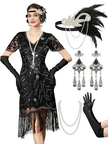 YESSA 20er Jahre Kostüm Damen, Gatsby Kleid Damen mit 20er Jahre Kleid Accessoires, Charleston Flapper outfit