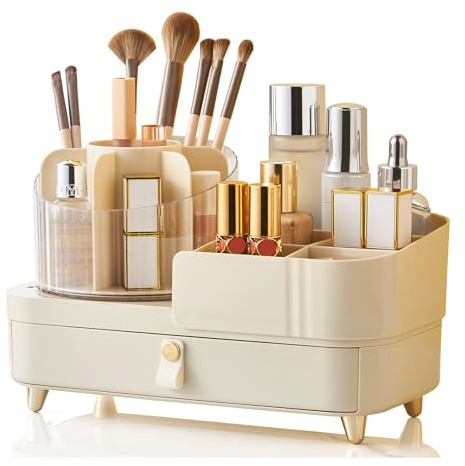 DASITON Make up Kosmetik Organizer, 360° Drehbarer Make Up Pinsel Organizer, Großer Pinselhalter Kosmetik Aufbewahrung mit Schubladen, Schmink Organizer für Schminktisch, Badezimmer (Creme)